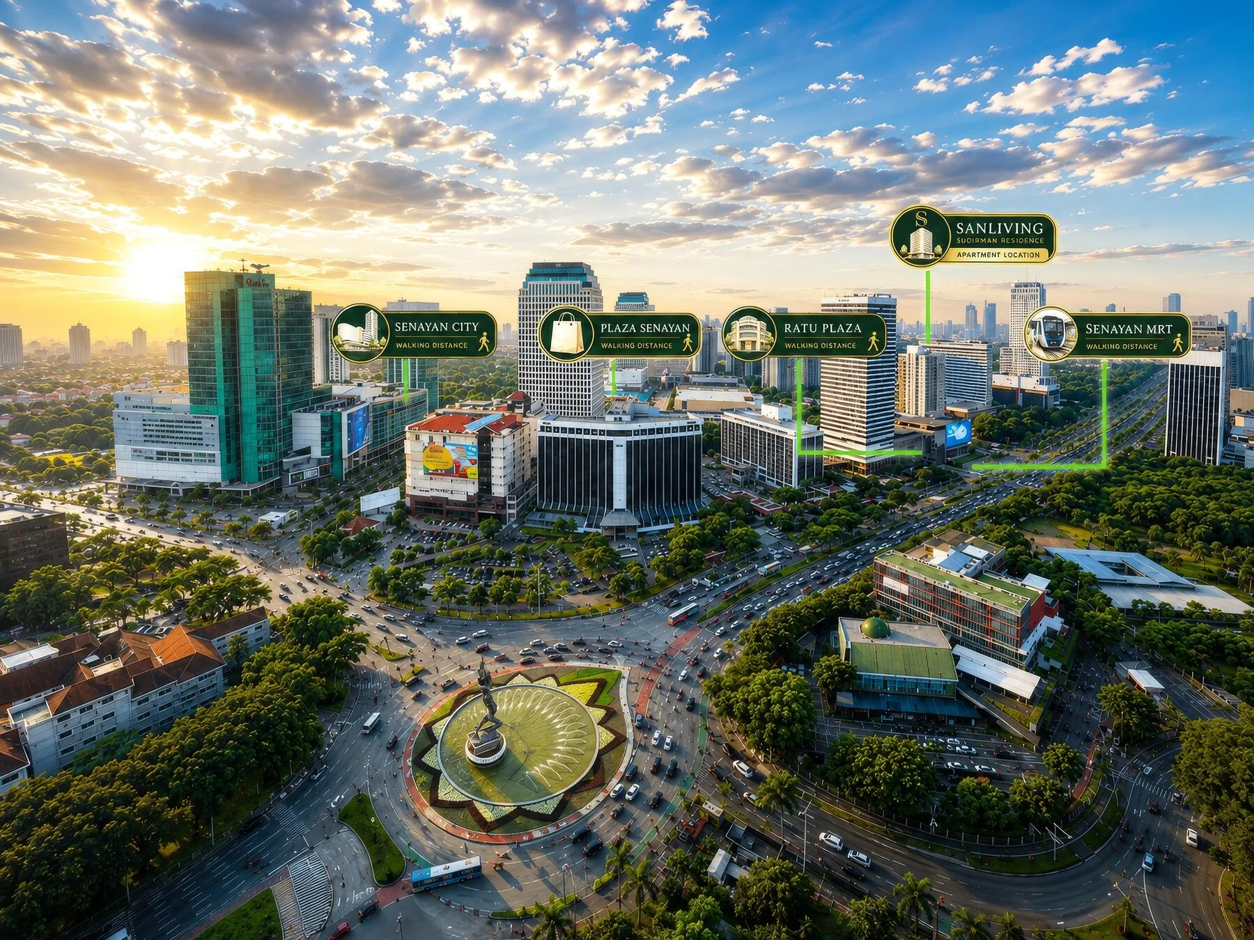Aerial map of Bundaran Senayan surrounded by Senayan City, Plaza Senayan and Ratu Plaza