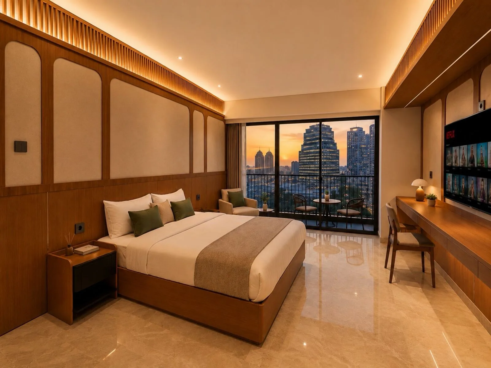 SanLiving One master bedroom with city view