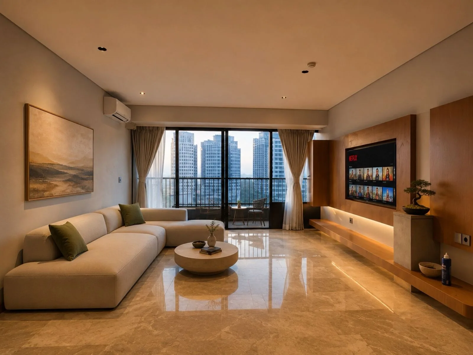 SanLiving One living room with skyline view
